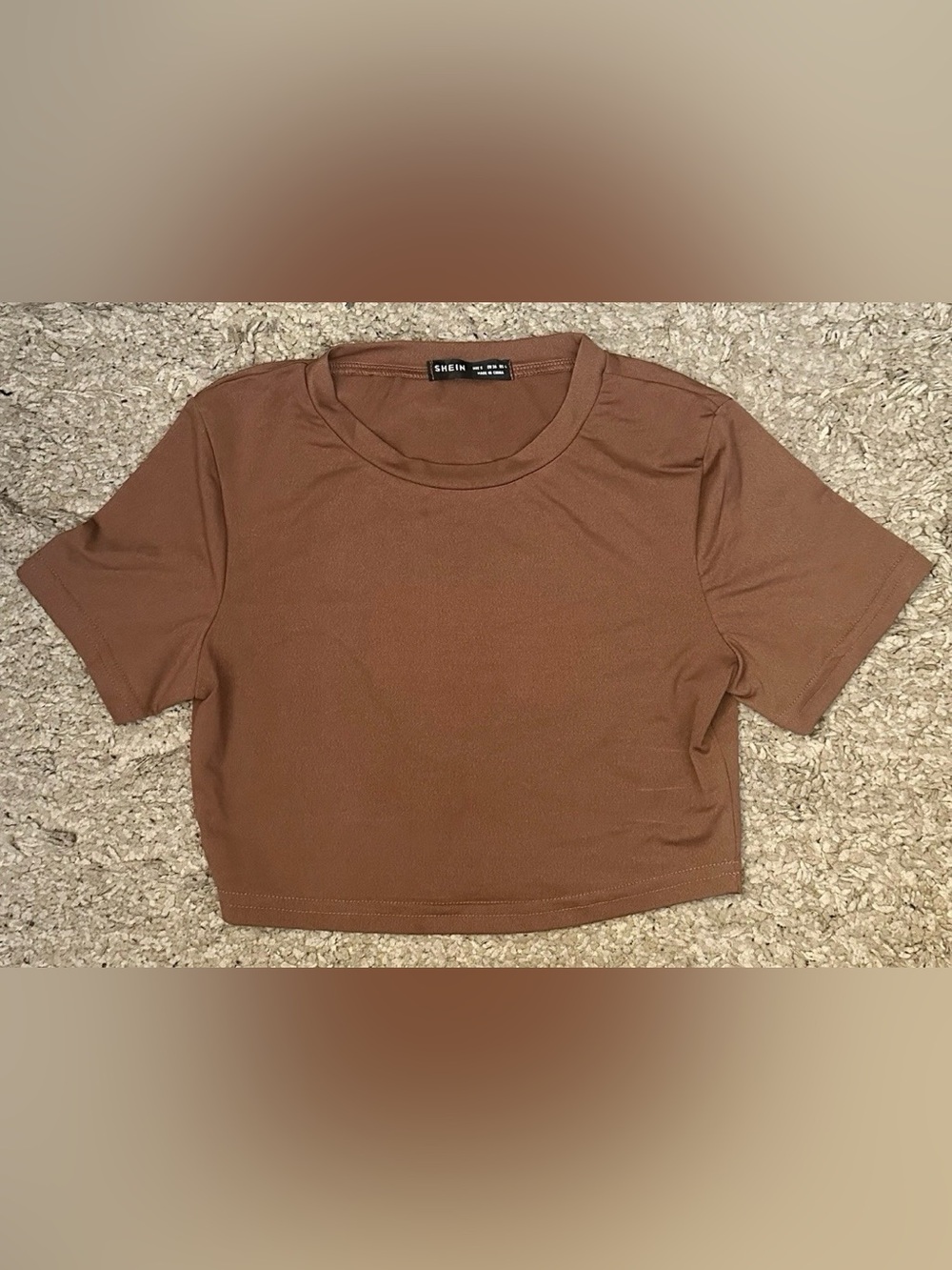Shein Women’s S Brown Stretch Crew Neck Short Sleeve Activewear Crop Top T-Shirt